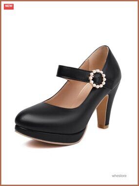 Women's T-Strap High Heels Bow Platform Round Toe Pumps Leather